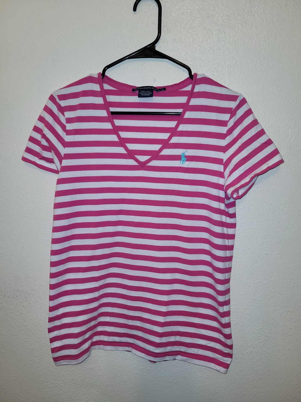Ralph Lauren Sport Pima Cotton Pink White Striped V-Neck Tee L